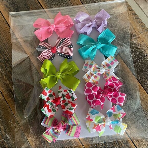 Handcrafted No-Slip Grippy Grosgrain Ribbon Hair Bows Summertime Set of 10 - Picture 1 of 8